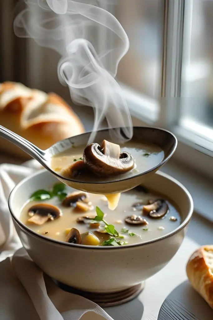 Close-up of creamy mushroom soup garnished with parsley in ceramic bowl, rustic spoon.