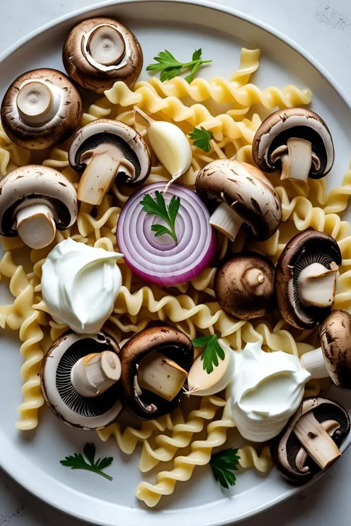 Top-down shot of mushroom stroganoff with creamy sauce and noodles in rustic bowl.
