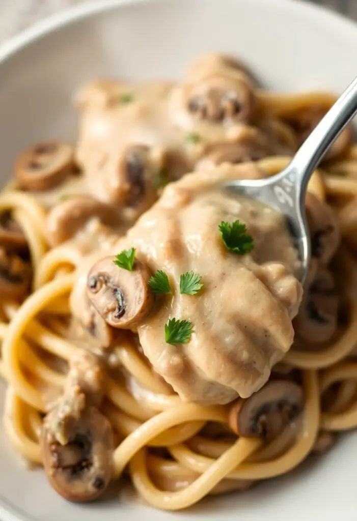 Side view of creamy mushroom stroganoff in a sauté pan, garnished with parsley.