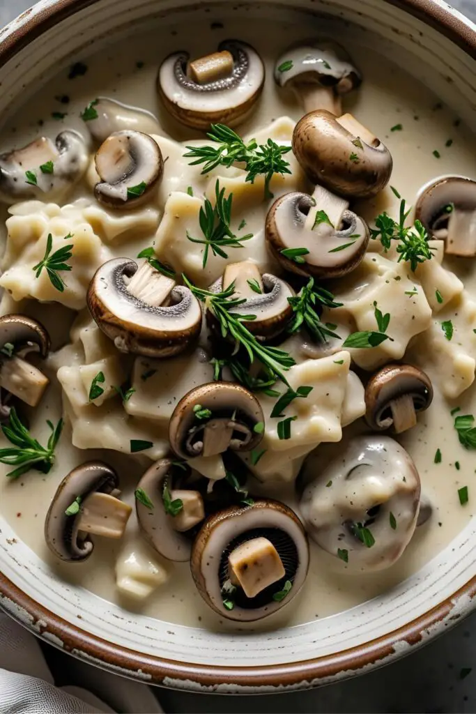 One-pot creamy mushroom stroganoff topped with herbs and ready to serve.