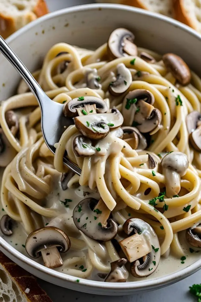 Creamy mushroom stroganoff served over pasta with fresh thyme and parsley.