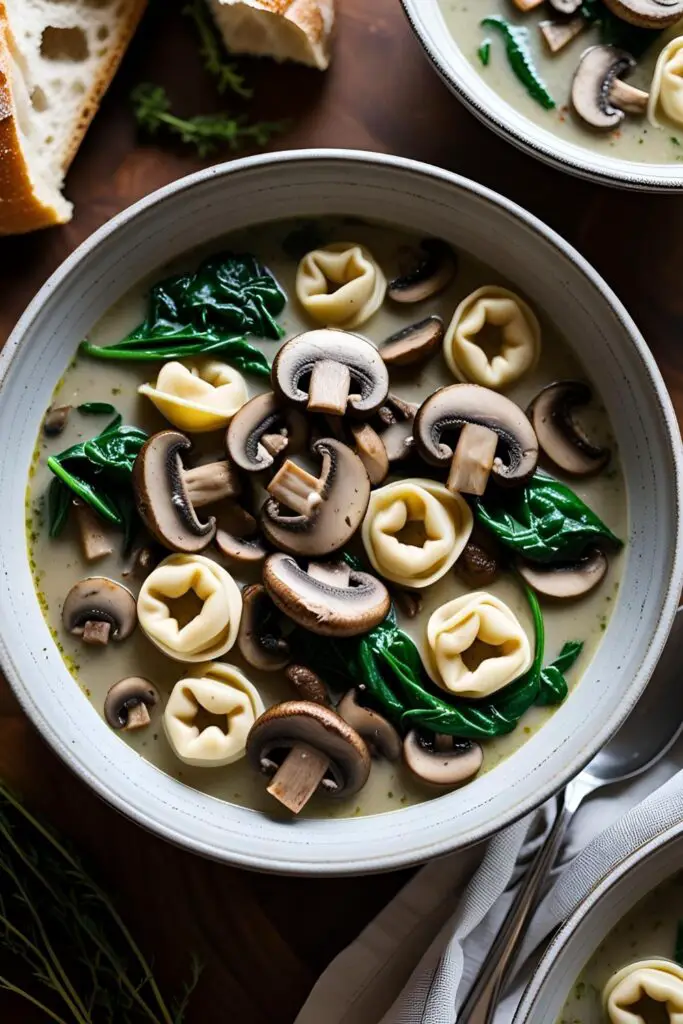 Close-up of creamy mushroom tortellini soup with spinach and parmesan in a white bowl.