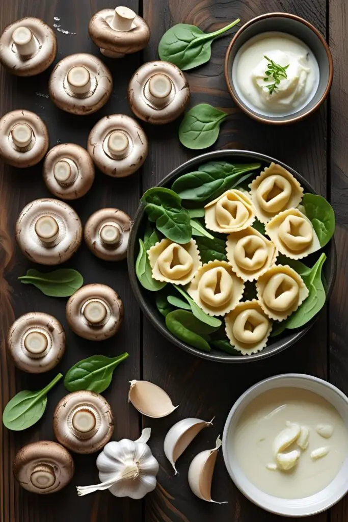 Overhead view of a pot filled with creamy mushroom tortellini soup with spinach and parmesan.