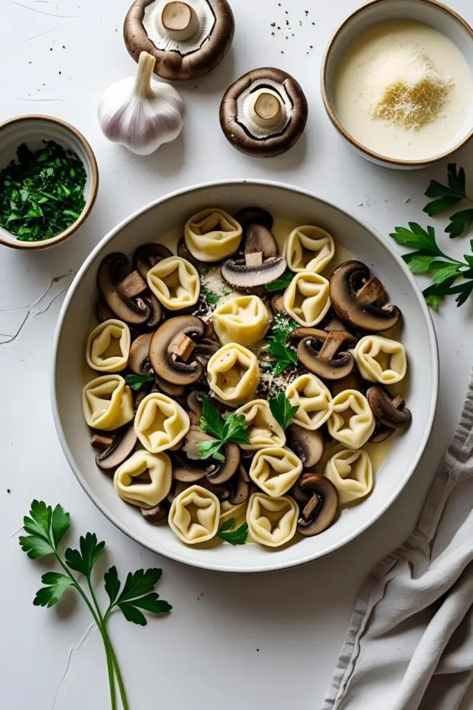  Close-up of creamy mushroom tortellini in a skillet, topped with parsley.