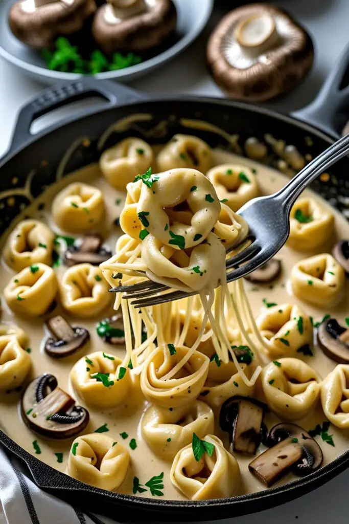  Overhead shot of mushroom tortellini in creamy sauce, garnished with fresh parsley.