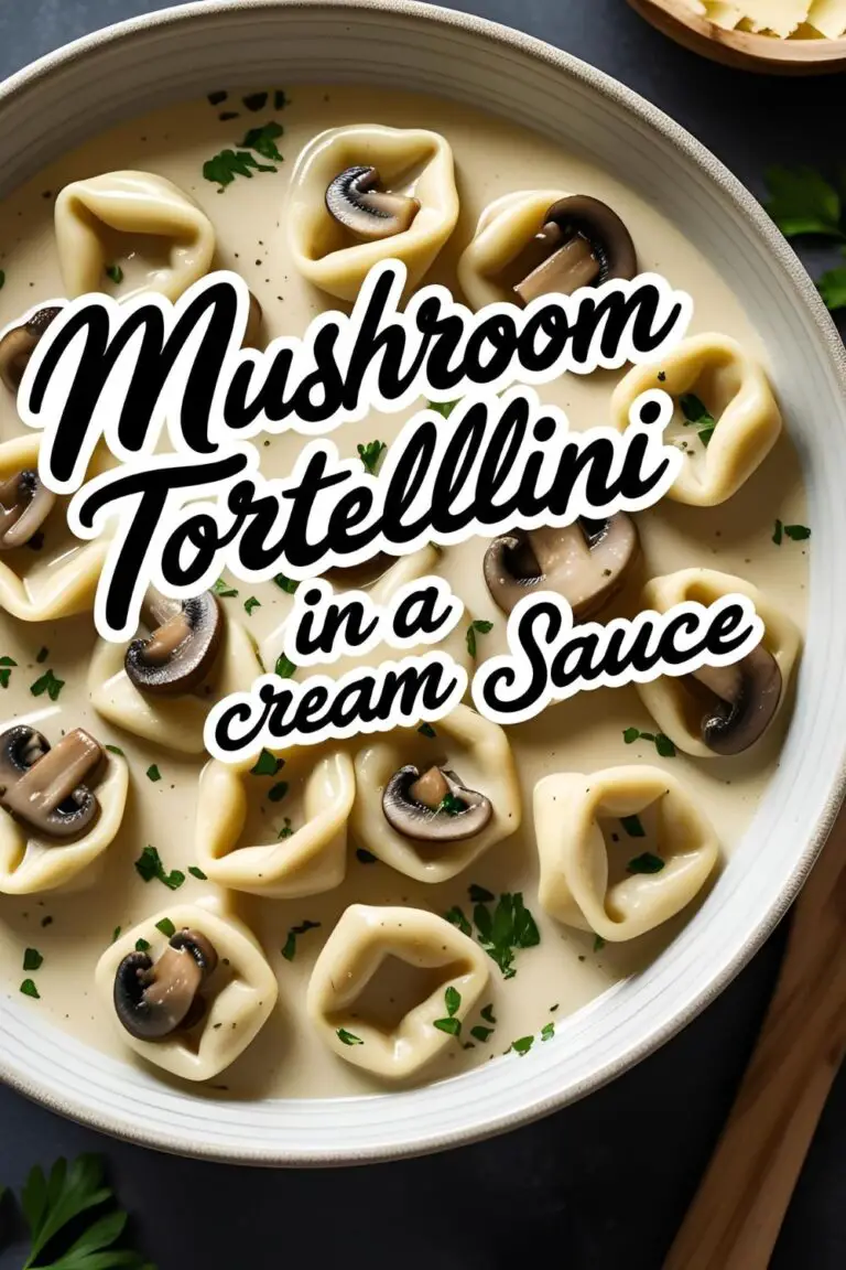 Creamy mushroom tortellini garnished with parsley, served in a cozy bowl.