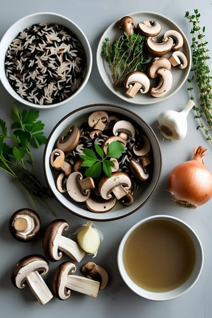 Warm bowl of mushroom and wild rice soup topped with cashew cream swirl and herbs