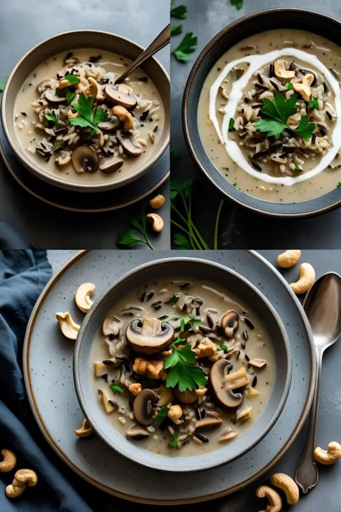 Rustic bowl of mushroom and wild rice soup with cashew cream swirl and cashew garnish