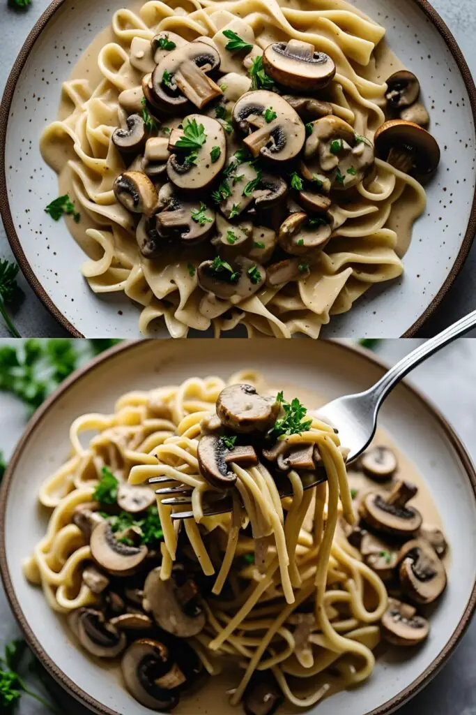 Fork lifting creamy vegan mushroom and seitan stroganoff over noodles