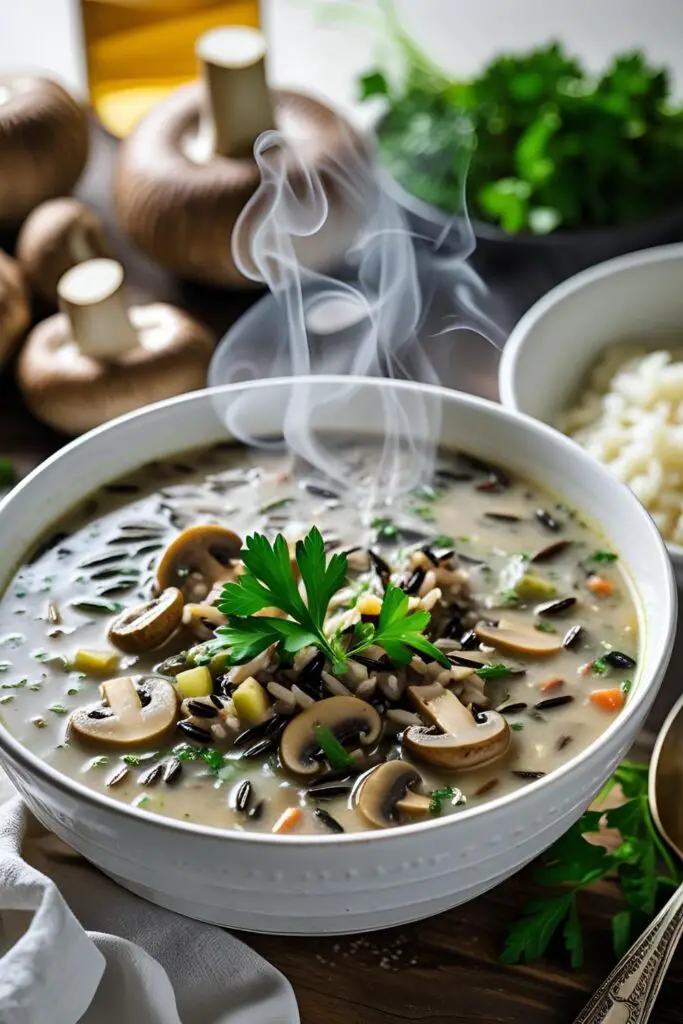 Cozy bowl of wild rice mushroom soup with parsley, ideal for busy weeknight comfort cooking.