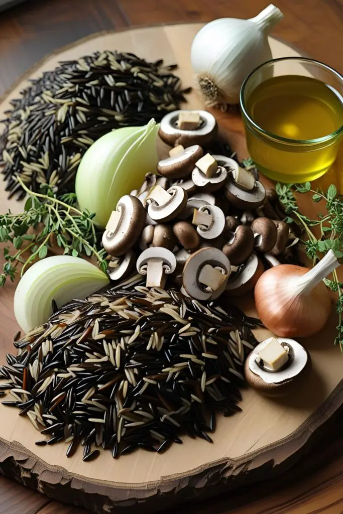 Hearty wild rice mushroom soup with a creamy vegan twist, garnished with herbs in a rustic bowl.