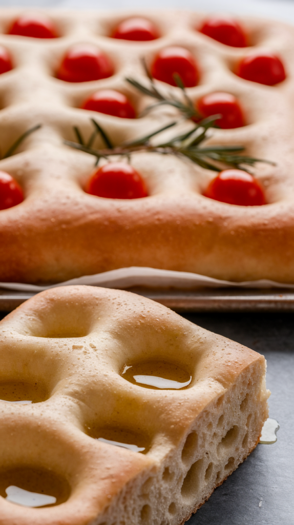 Overhead shot of a whole focaccia loaded with herbs and oil, with a slice removed showing texture.