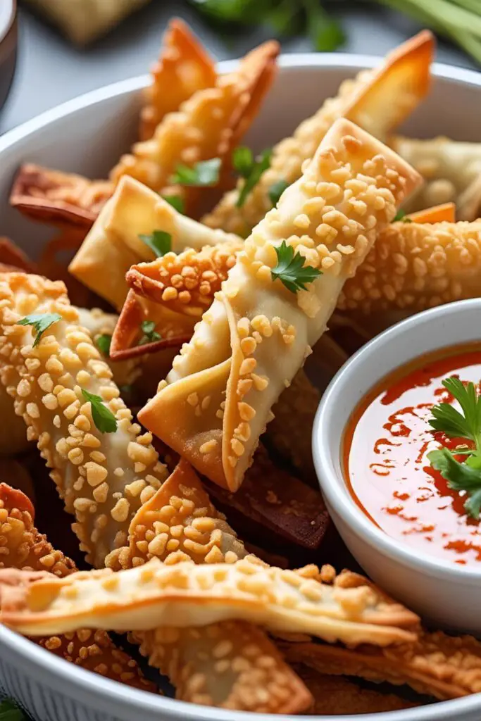  Wonton strips served with a dipping sauce on a rustic wooden table.