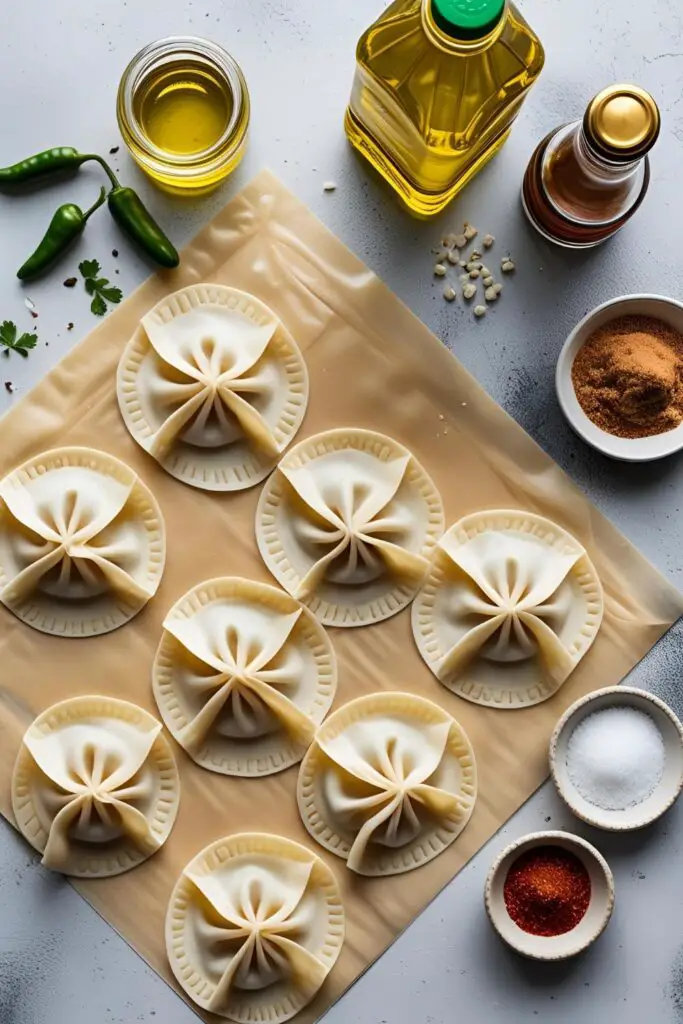 Close-up of crispy wonton strips sprinkled with seasoning