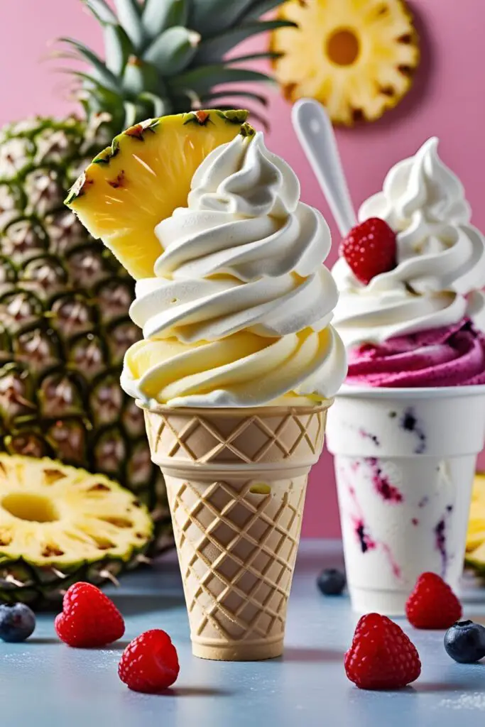 Close-up of creamy pineapple soft serve swirl in waffle cone against summer background.
