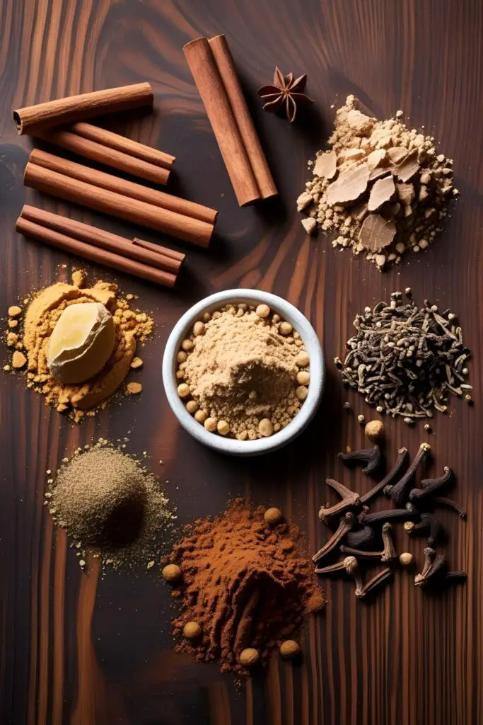 Close-up of a bowl containing the blended pumpkin spice mix, with a spoon resting beside it.