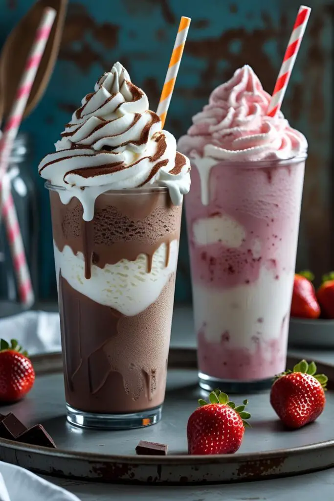 Chocolate vanilla swirl Frosty in cup with whipped cream on top.