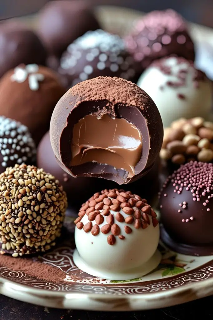 An assortment of homemade truffles with different coatings, displayed on a wooden platter.

