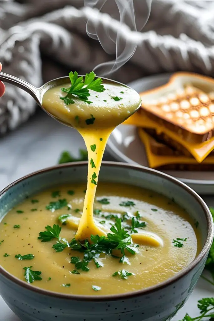 Creamy mushroom soup in a white bowl on a wooden table, garnished with fresh parsley.