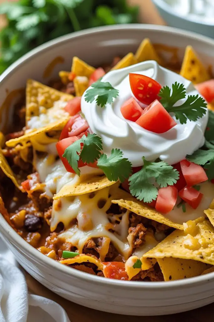 Layered taco casserole in baking dish topped with sour cream and chopped cilantro.