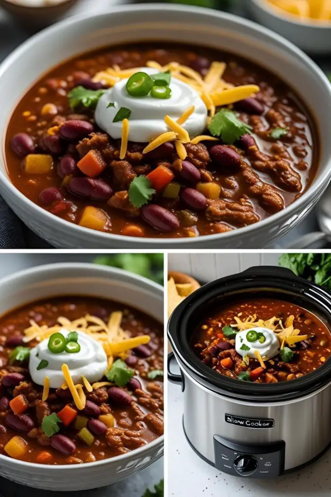 Slow cooker full of warm, hearty chili on a kitchen countertop ready to serve.