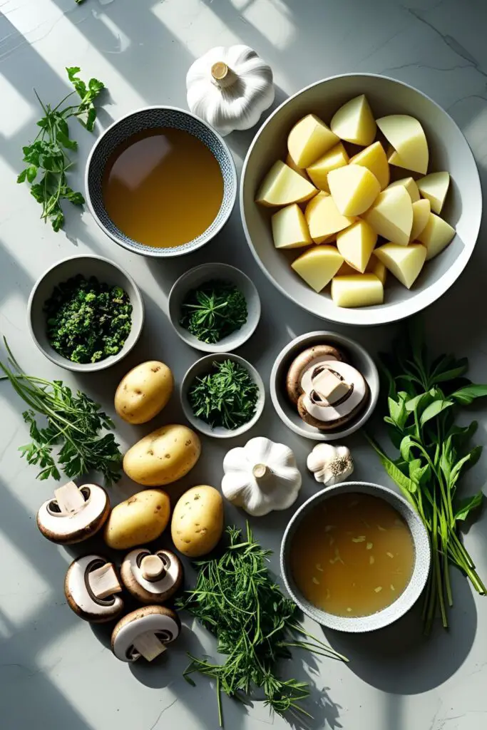 rustic bowl of mushroom potato soup with butter and parsley on top