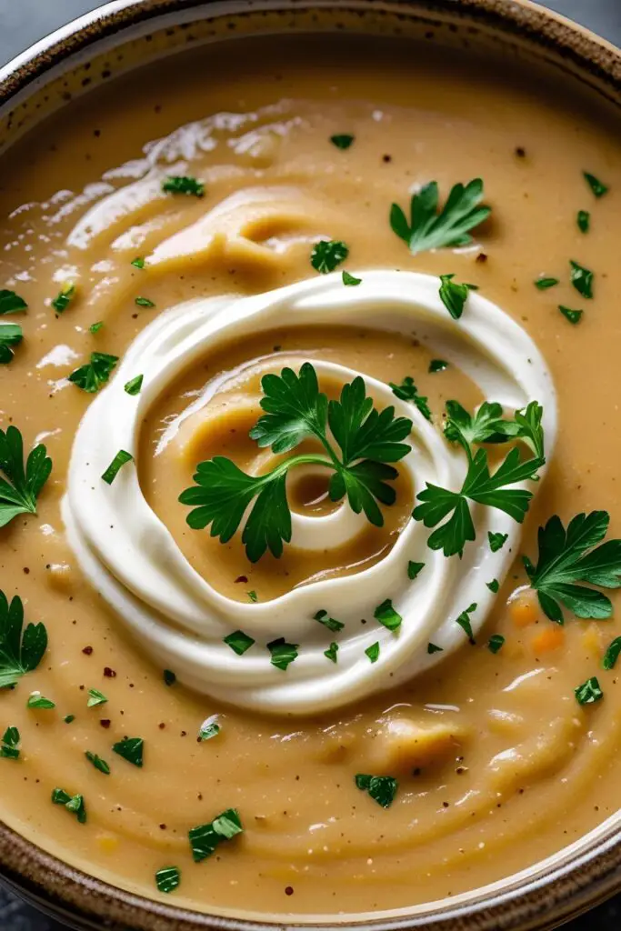 Close-up creamy mushroom potato soup in bowl with herbs garnish