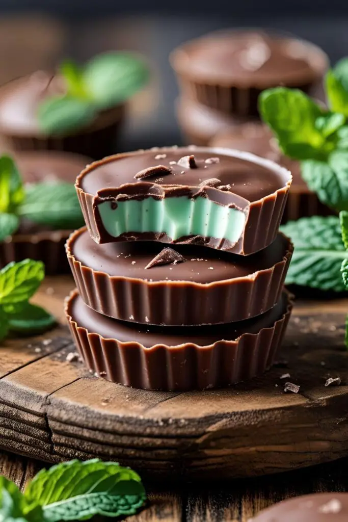 A rustic wooden board with homemade mint chocolates and fresh mint leaves.