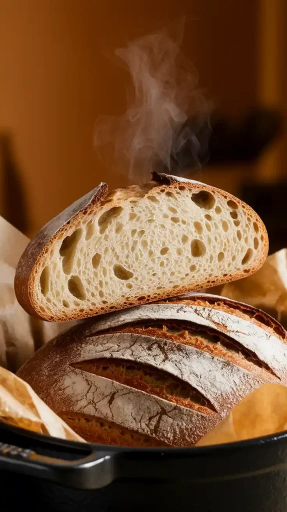Overhead shot of freshly baked sourdough bread sliced on a wooden board, steam rising gently.