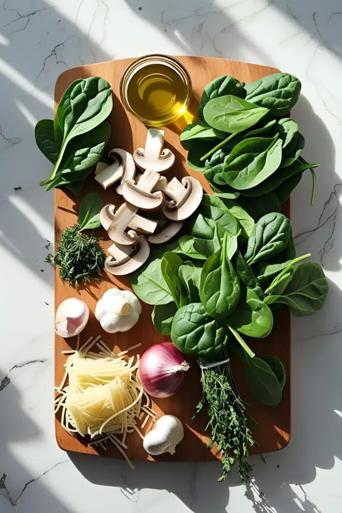 Close-up of spaghetti tossed with mushrooms, spinach, and a creamy garlic-Parmesan sauce in a skillet.