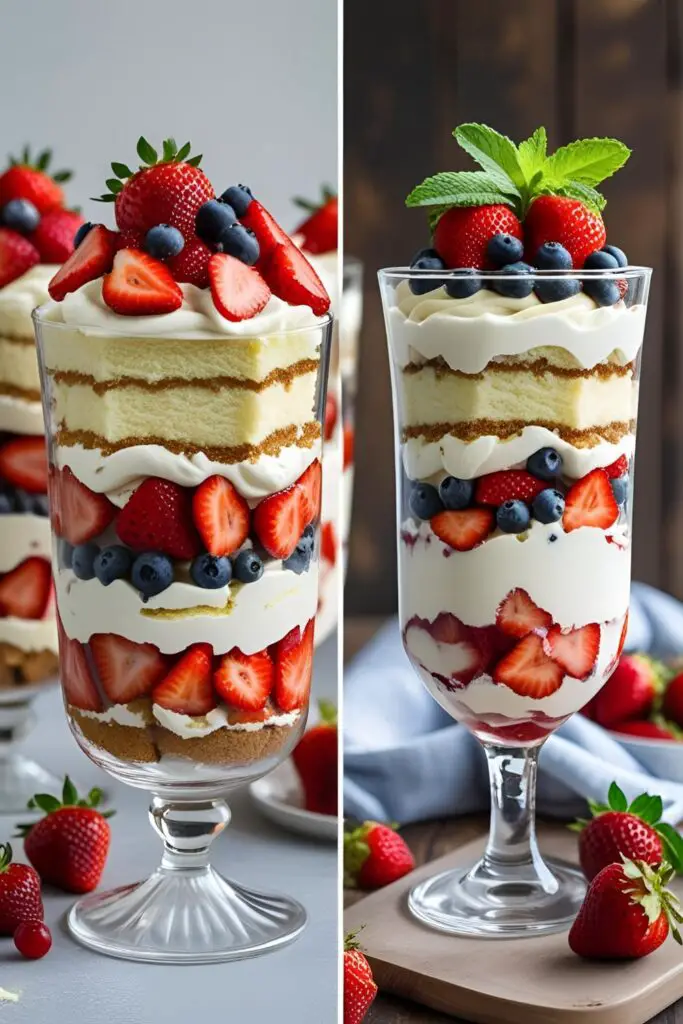 Close-up side view of layered strawberry shortcake trifle in a glass