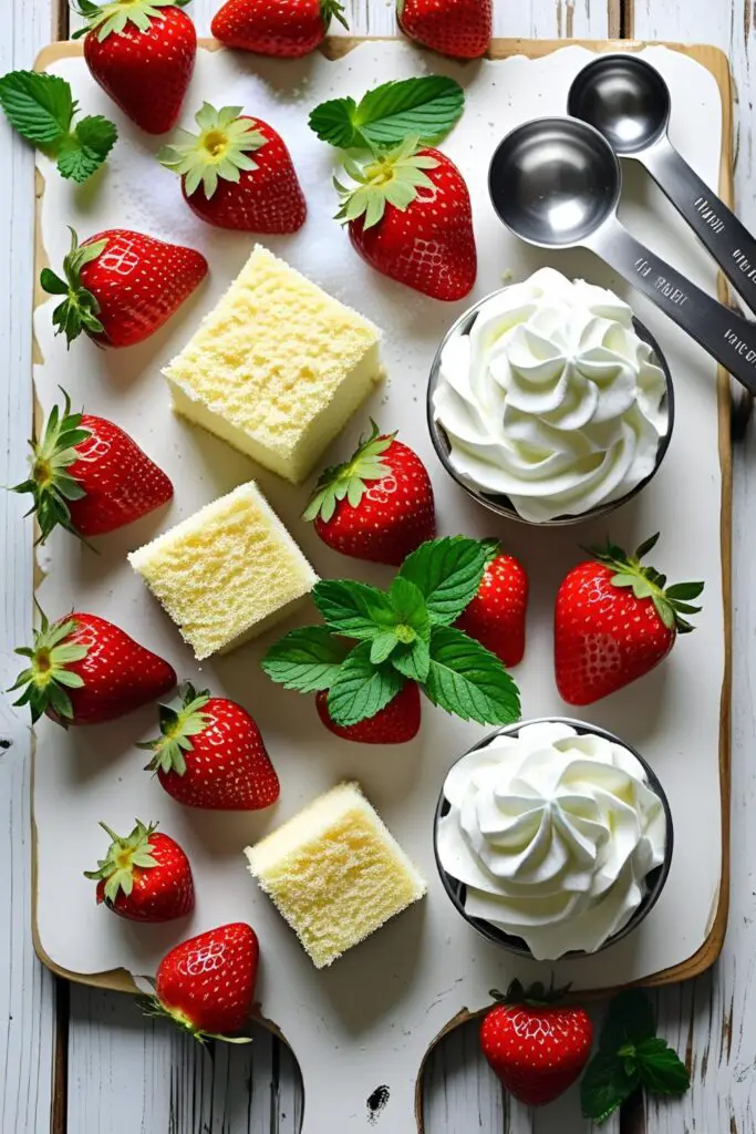 Two parfait glasses filled with strawberry shortcake trifle, garnished with mint