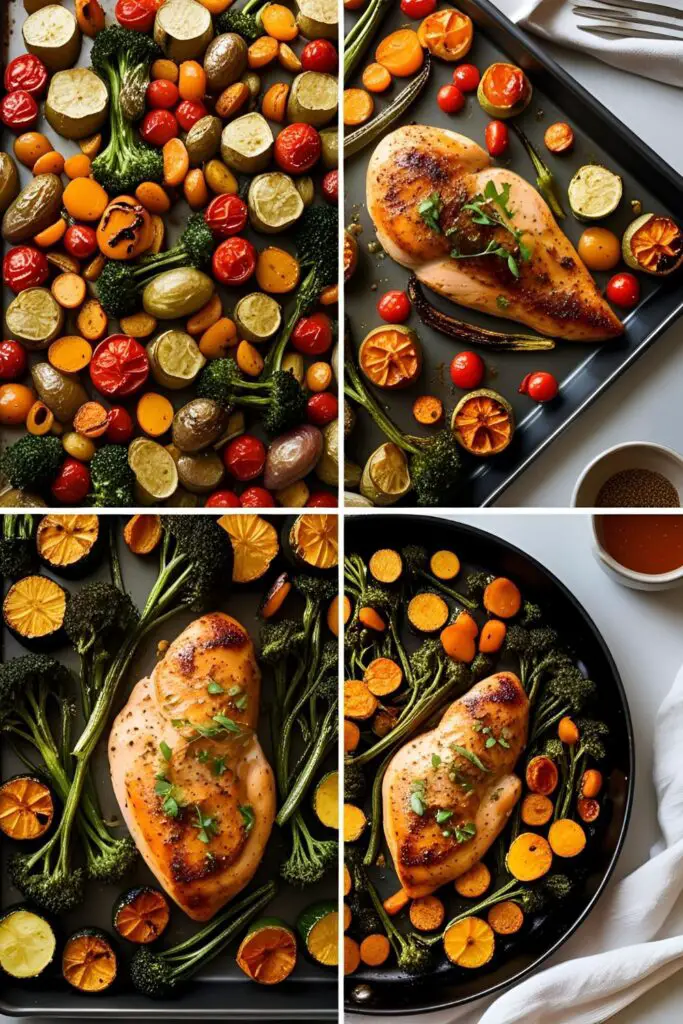 Close-up of juicy chicken and roasted potatoes with peppers on sheet pan
