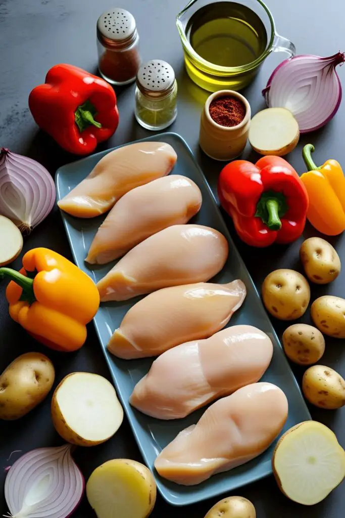 Overhead view of baked chicken and veggies on a sheet pan