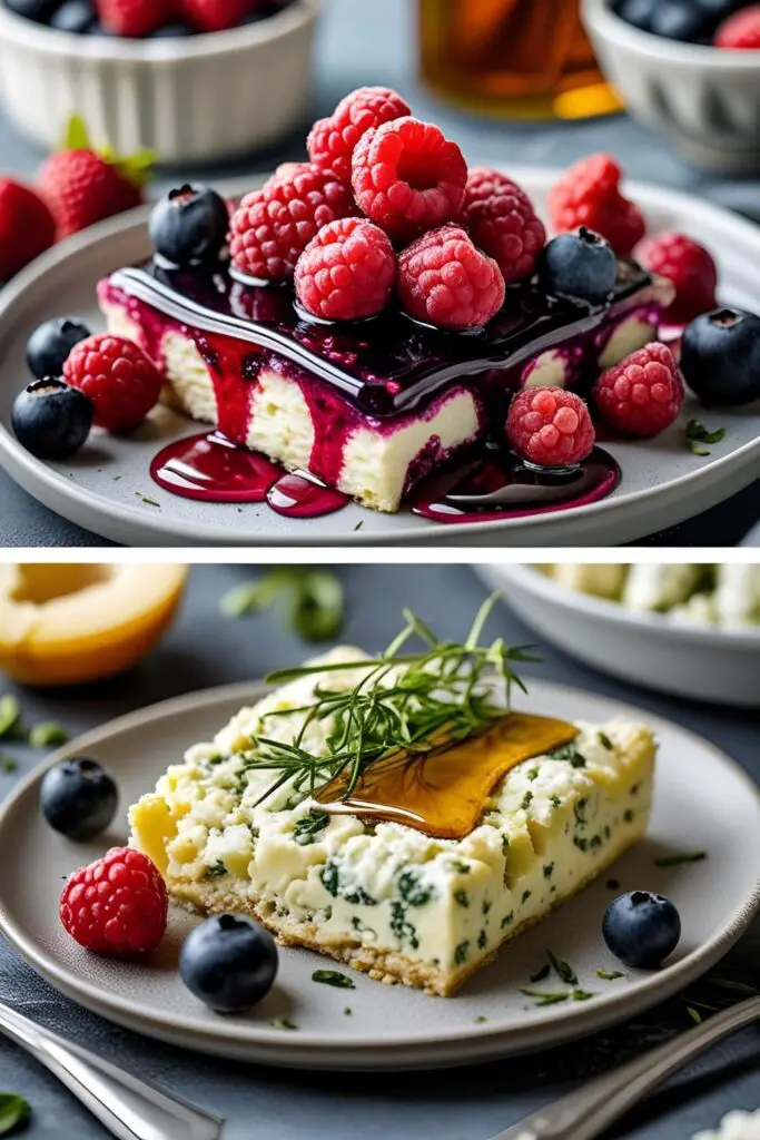  Two variants: one pancake with cheese and herbs, one with berries.