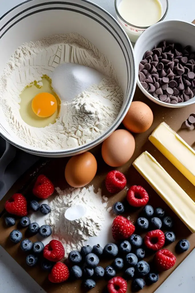  Baked sheet pan pancake with berries and powdered sugar.
