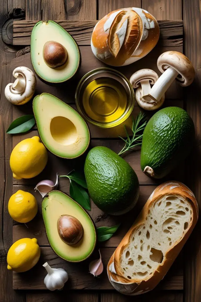 Close-up image of creamy avocado toast topped with garlic mushrooms on wooden board.