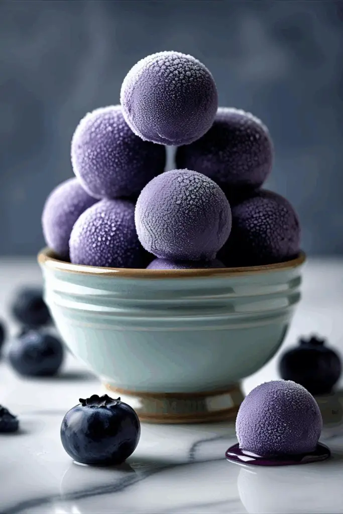 Close-up of frozen yogurt-covered blueberries on parchment paper