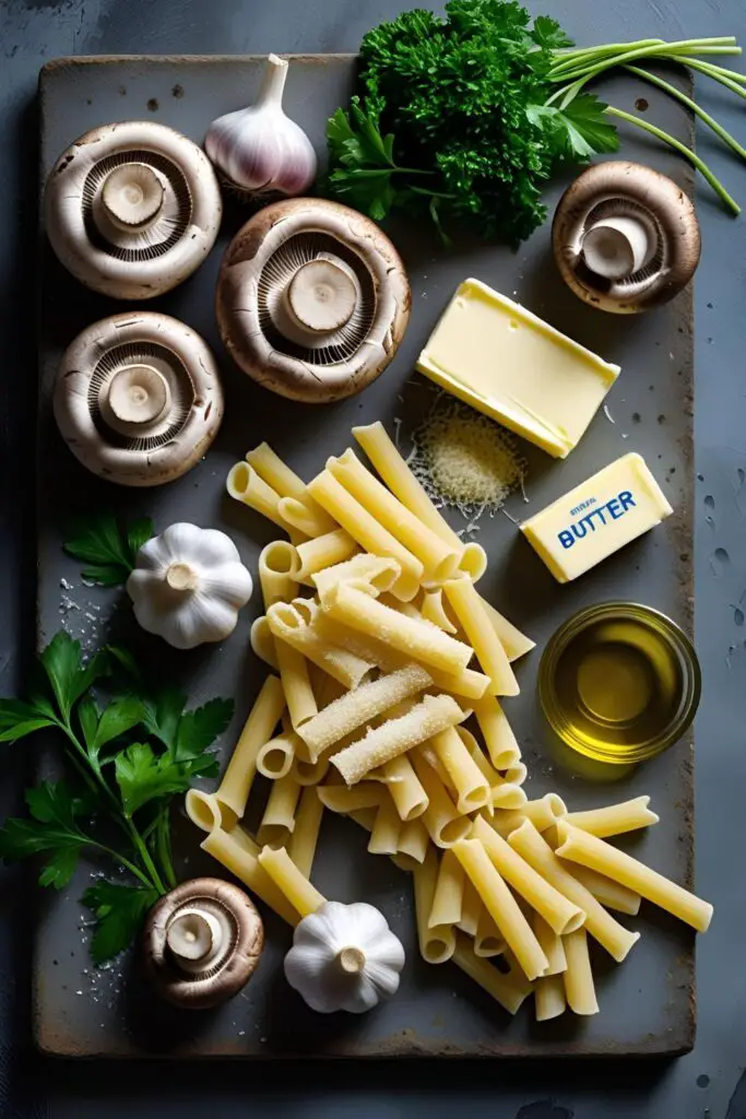 Close-up of creamy mushroom pasta on a white plate topped with fresh parsley and grated parmesan.