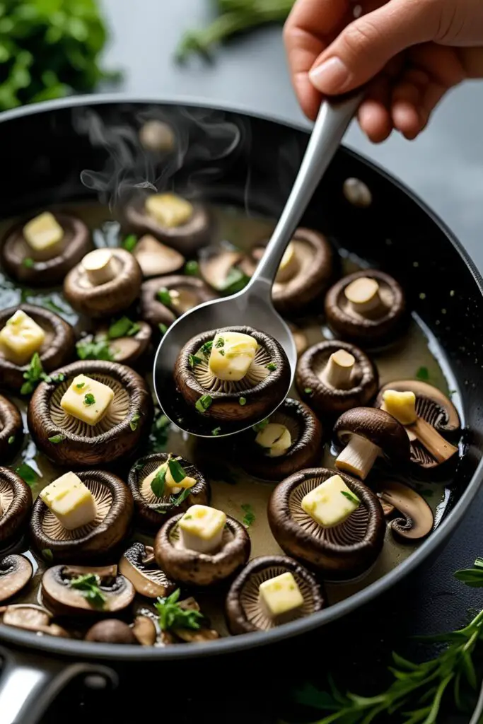 Golden garlic sautéed mushrooms in a skillet, garnished with fresh herbs, ready to serve.