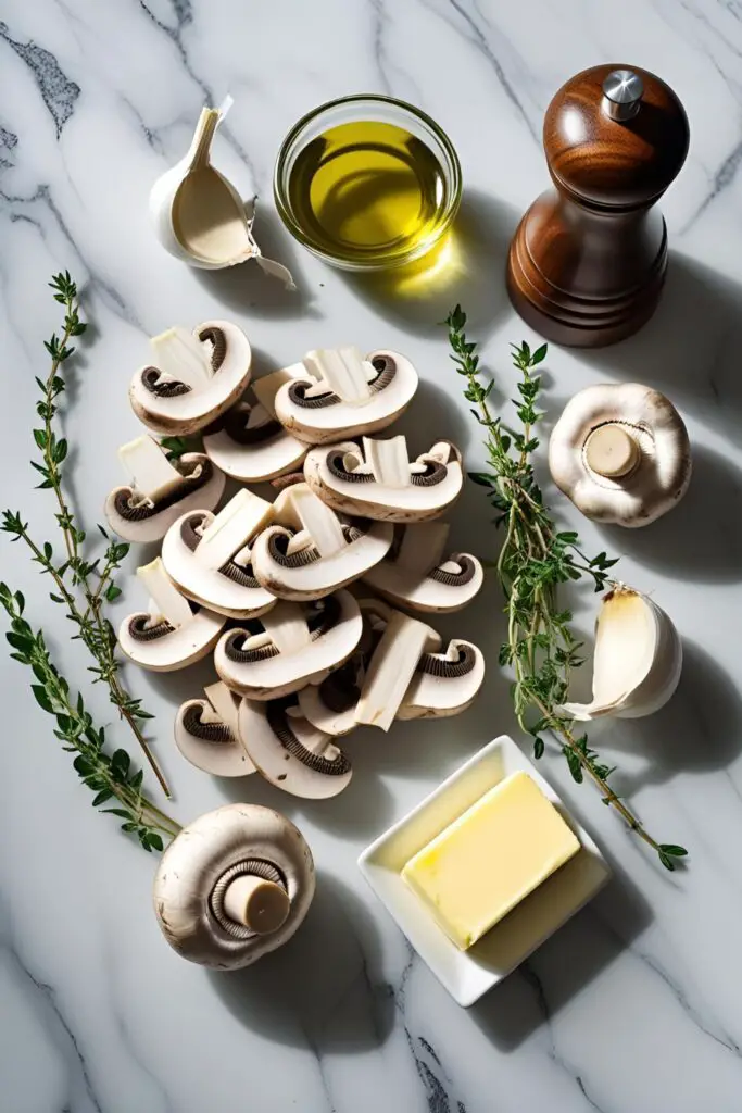 Close-up of sautéed mushrooms in a pan sprinkled with fresh thyme and garlic.