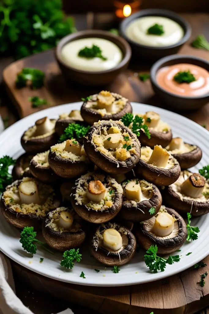Plate of crispy garlic parmesan fried mushrooms sprinkled with fresh parsley and parmesan cheese.