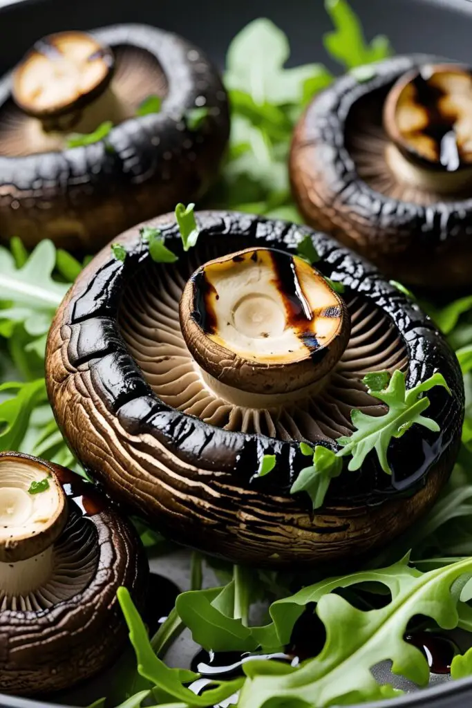 Grilled portobello mushrooms served with a side of fresh greens.