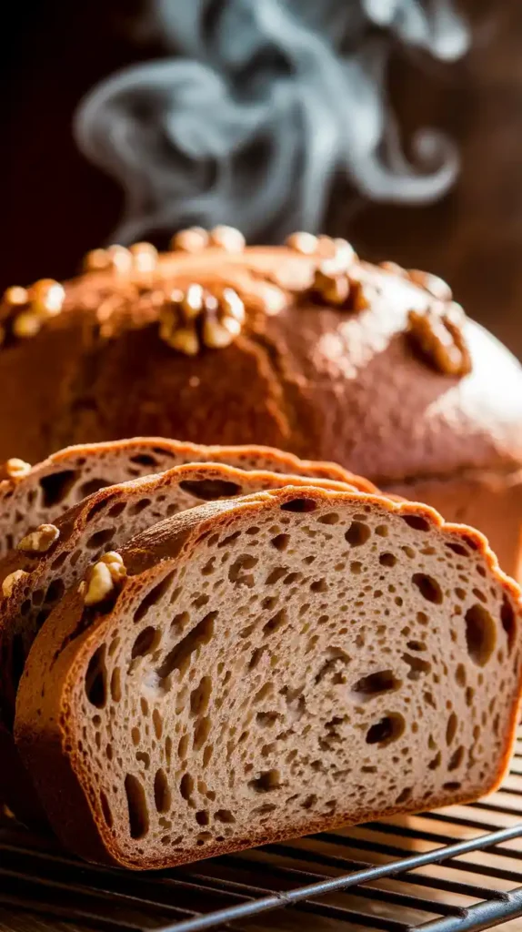 Overhead shot of healthy banana bread on a board with a slice out, crumb visible.