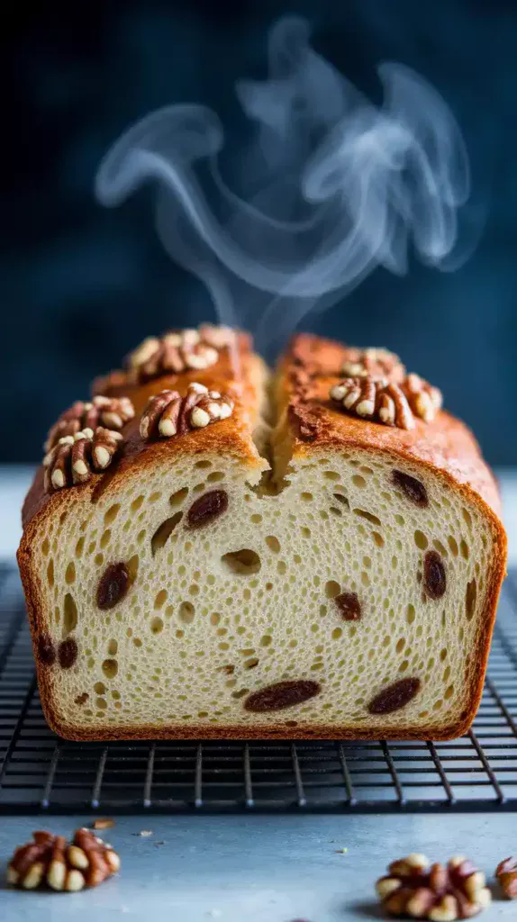 Close-up of healthy banana bread slice with visible walnuts and crumb texture.