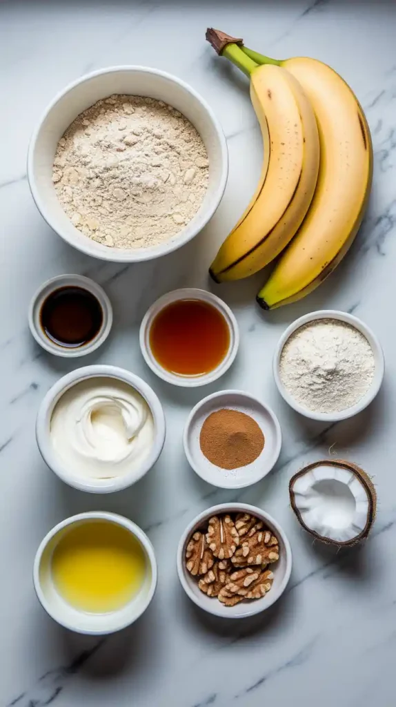 Bread loaf with crumb shot showing oats and bananas on a wooden board.