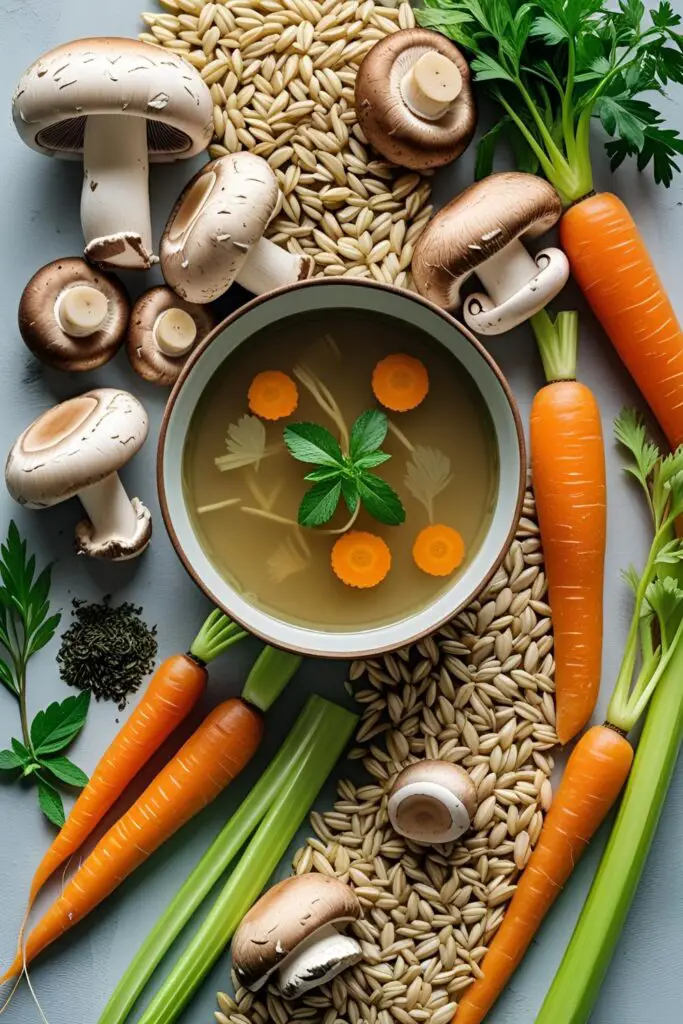  Warm wooden spoon scooping mushroom barley soup from a pot.