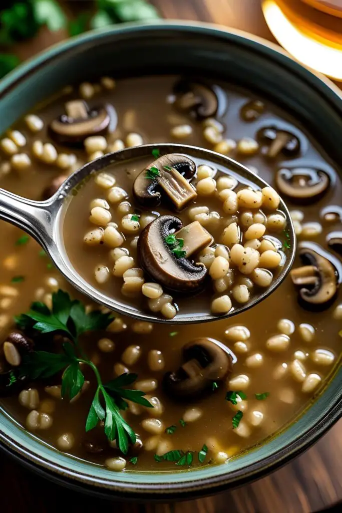 Cozy bowl of mushroom barley soup with spoon and fresh herbs on wooden table.