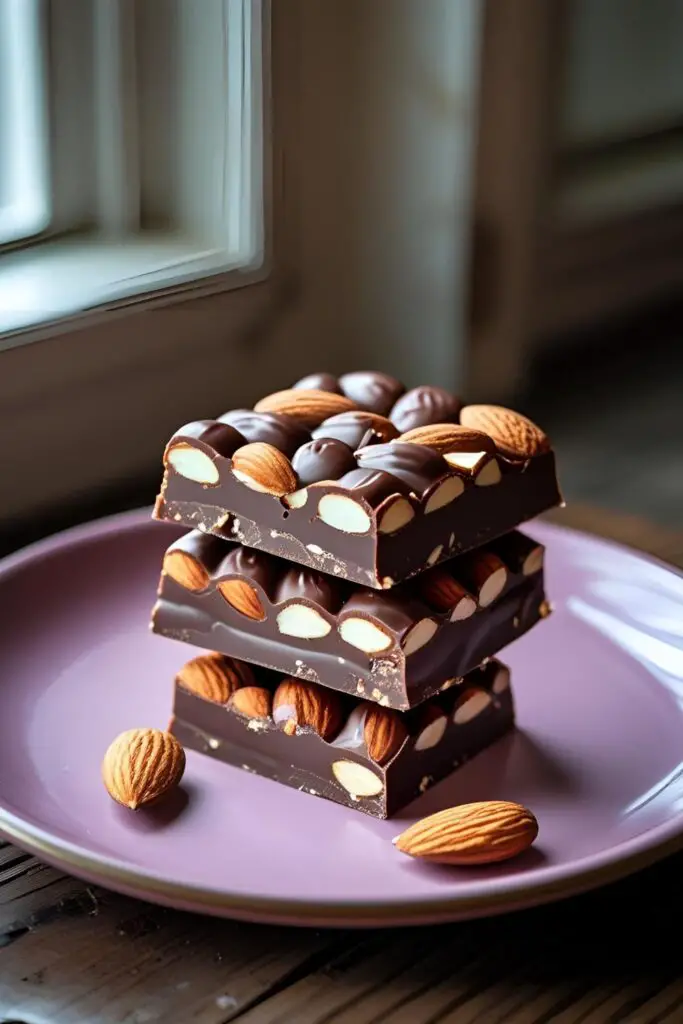 Three Homemade Almond Joy Easy bars arranged with almonds on top and chocolate coating.