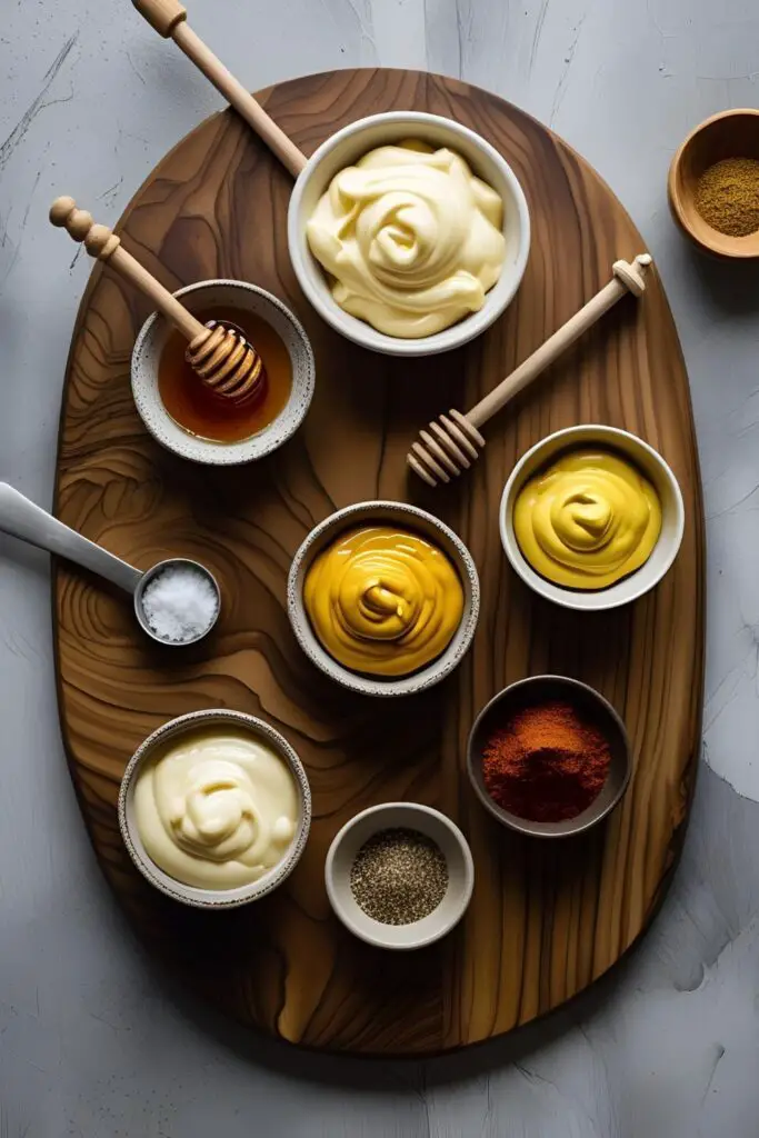Overhead shot of sauce ingredients and finished Chick‑fil‑A sauce.